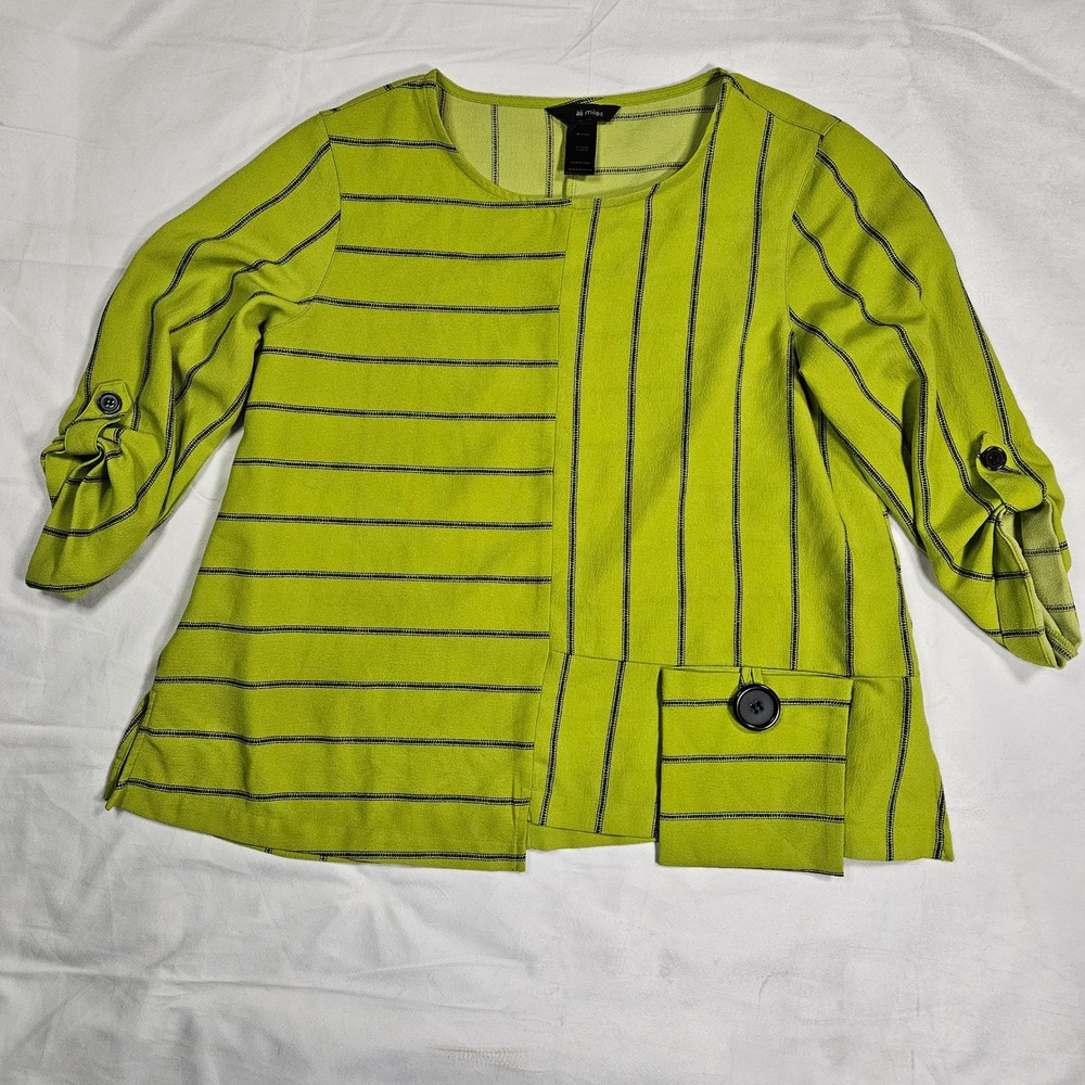 Ali Miles Small Lime Green Mixed Stripe 3/4 Roll Tab Sleeve Blouse Top